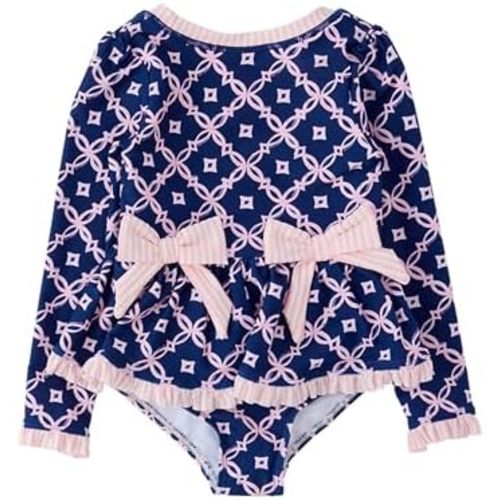 RuffleButts Girl Long Sleeve One Piece Bow Peplum Rash Guard Swimsuit - SWM