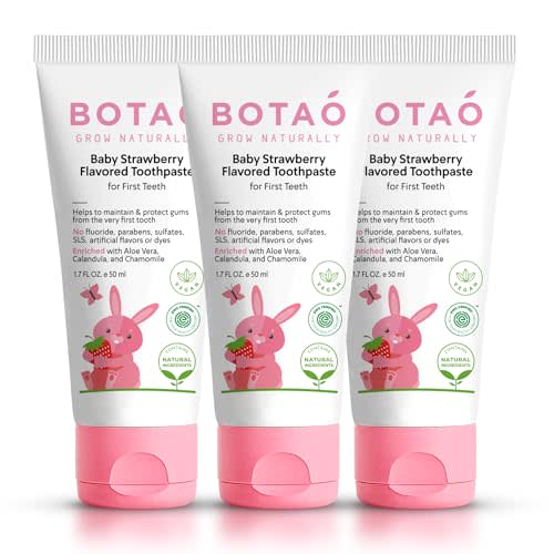 BOTAO Fluoride Free Baby Toothpaste | Natural Toddler Toothpaste | Strawberry Flavored - Training Toothpaste for Toddlers | EWG Verified, Vegan, SLS Free, Safe to Swallow, Aloe Vera (3 Pack)