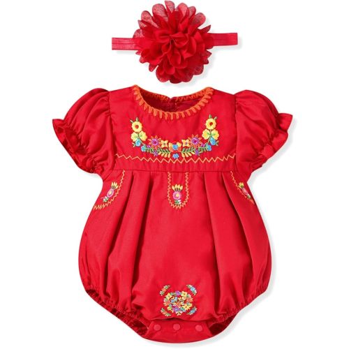 HINTINA Newborn Baby Girl Mexican Ethnic Embroidery Floral Bodysuit With Headband