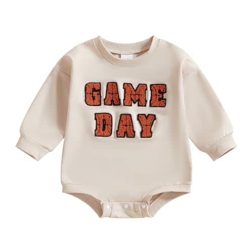 Lenjindjer Infant Baby Boy Girl Basketball Outfit Game Day Bow Print Long Sleeve Bubble Romper Sweatshirt Newborn Fall Shirt