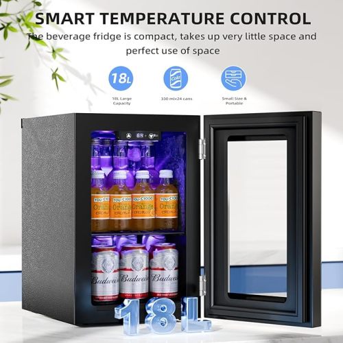 Antarctic Star 18L Beverage Refrigerator Cooler 24Can, Mini Fridge with Quiet Compressor, LED Light,Freestanding Small Fridge with Electronic Temperature Control for Home and Bar(40-61 ℉)