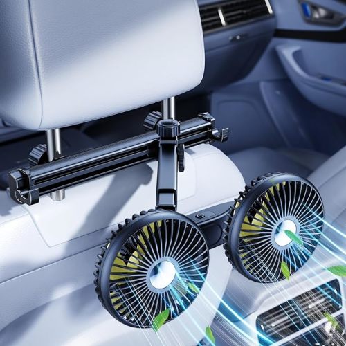 Dual Head Car Cooling Fans for Back Seat for Kids, Battery Powered Rechargeable Usb 5V/ 12V /24V Car Backseat Headrest Fan for Baby Rear Facing, Car Seat Cooler That Blow Cold Air for Vehicles