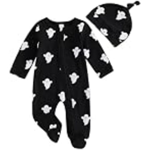 Sasaerucure Baby Boy Girl Halloween Zipper Ghost Footed Onesie + Hat/Bow | Unisex Baby Newborn Infant Halloween Outfits Ghost Footies Zipper Knit Long Sleeve Romper Bodysuit
