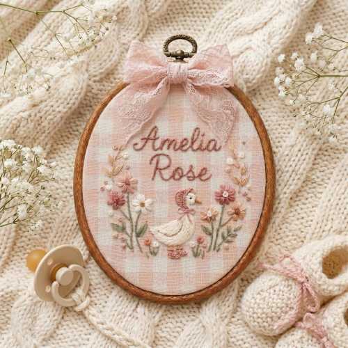 Personalized Goose Baby Name Sign, Custom Embroidered Nursery Name Hoop, Baby Shower Gift, Newborn Keepsake, Floral Baby Name Announcement