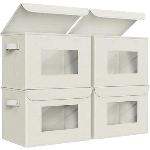 Univivi Fabric Foldable Storage Boxes with Lids [4-Pack] Collapsible Storage Bins for Clothes Closet Organizers with Handles Storage Cube Basket for Home, Office, Bedroom (Beige, 17"" x 12"" x 12"")