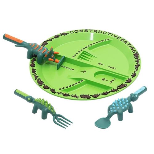 Constructive Eating Plate and Utensils Set - Made in USA - Toddler Dinnerware, Kids Dinnerware and Utensils Set for Ages 1-3, Toddler Utensils 2 and 3 Year Old, Divided Toddler Plates (Dinosaur)