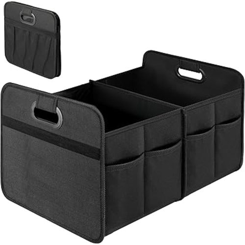 Simple Deluxe Car Trunk Organizer, 2 Compartments Collapsible Trunk Storage, Anti-slip Design, Made of Waterproof 600D Oxford Polyester, Suitable for SUV, Minivan, Truck, Standard Size, Black