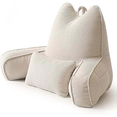 Patented Design Reading Pillow with Arms for Sitting Up, 2-in-1 Bed Rest Pillow with Detachable Lumbar Support, Backrest Support Cushion for Couch with Side Pockets & Handle, Beige Gray
