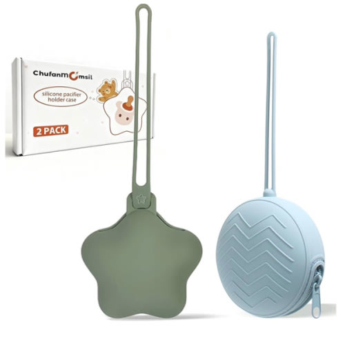ChufanMomsil Silicone Pacifier Holder Case, Pacifier Holders Pouch for Diaper Bag, BPA Free Silicone Baby Pacifier Storage Case for Boy Girl, 2 Pack, Green + Blue