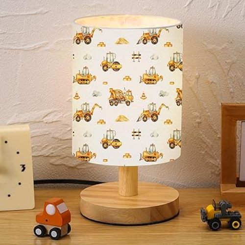 VIHOSE Construction Kids Table Lamp for Bedroom Kids Bedside Lamp with Linen Wooden Nightstand Cartoon Nursery Lampshade for Girls Boys Living Room