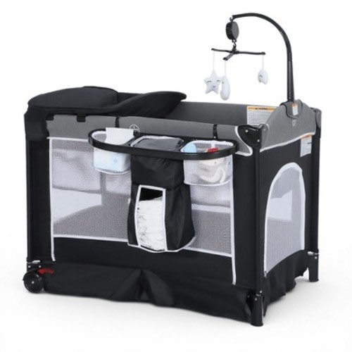 TODECARE 4 in 1 Pack and Play, Multifunction Baby Bassinet Bedside Crib, Portable Baby Nursery Playard w/Changing Table, Storage Basket, Dark Gray