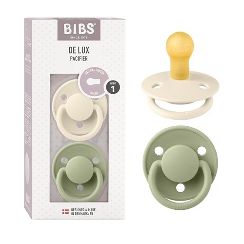 BIBS De Lux Baby Pacifier 2-Pack | Made in Denmark | BPA Free Dummy Soother, Round Nipple. Natural Rubber Latex, Size 1 (0-6 Months), Island Sea/Sage