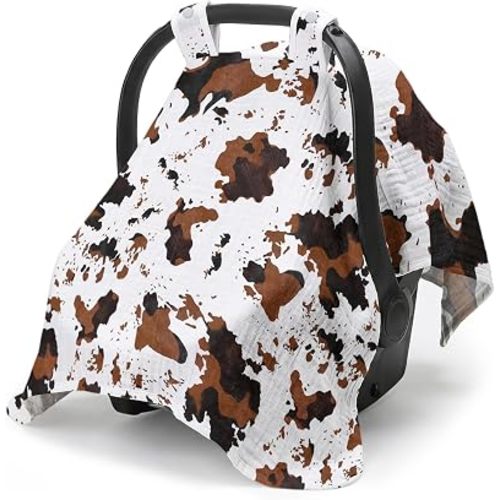 Car Seat Cover Baby Boy Girl, Breathable Muslin Cotton Baby Car Seat Cover Canopy, Carseat Covers Canopies for Summer Sunshade Babies, New Mom Gifts for Newborn Essential Gift, Brown Cow Print