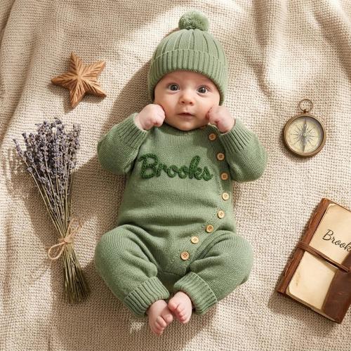 Personalized Baby Boy Knit Romper Set with Hat, Newborn Coming Home Outfit, Embroidered Name Hospital Outfit, Newborn Baby Shower Gift