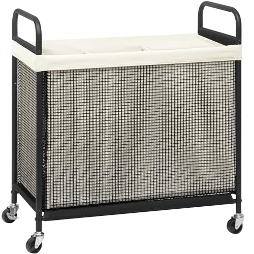 STORAGE MANIAC Rolling Laundry Hamper with Wheels 3-Section Laundry Sorter Rolling Laundrys Basket on Wheels with Removable Bag Clothes Hamper Laundrys Organizer Cart Bathroom Bedroom 120L Beige