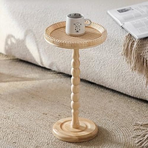 Rattan Small Side Table, Round Drink Table for Small Spaces, Boho Accent End Table with Solid Wood Leg for Living Room, Nightstand Table for Bedroom, Corners