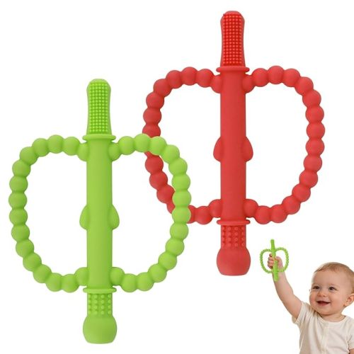 Fu Store Hollow Teether Tube 2 Pack Apple Shape Chew Straw Sensory Toy for Infant Toddlers Silicone Tubes Teething Toys for Babies 0-6 0-12 0-36 Months Gifts Teething Relief Soothing Gums (Red Green)