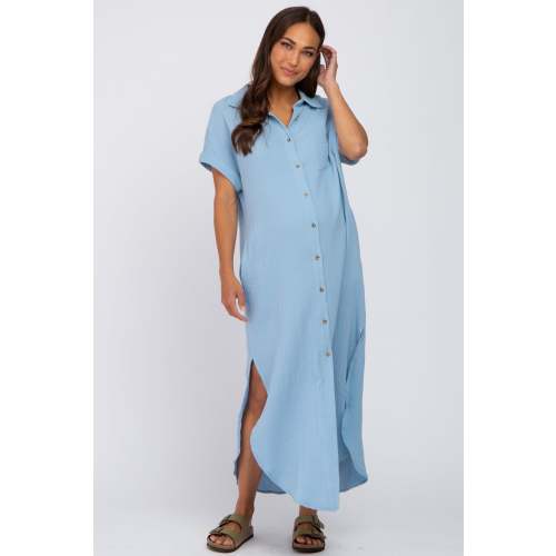 Light Blue Button Down Maternity Midi Dress – PinkBlush- Size Medium