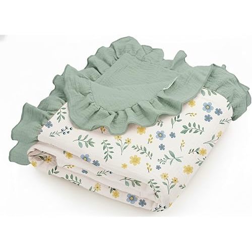 meowcards Muslin Swaddle Ruffled Blankets for Baby, Unisex Baby Boys Girls Essentials, Large 52 x 52 inches, Boho Receiving Blankets Newborn Registry Must Haves (Spring Garden-Ruffled, Printed)