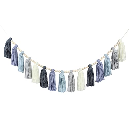 DrCor Coastal Boho Dusty Blue Tassel Garland – Handmade Yarn Banner for Nursery, Kids Bedroom, Dorm, Baby Shower, Birthday Party or Cozy Fall Home Decor