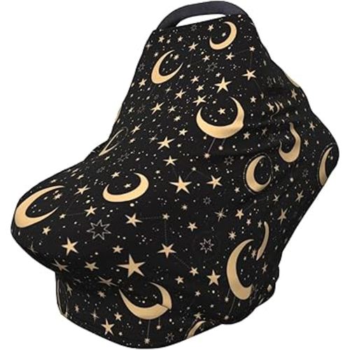 Moon and Star Black Baby Car Seat Canopy Cover Baby Stuff, Nursing Breastfeeding Covers Infant Carseat Cover for Boys and Girls Newborn Shower Gifts