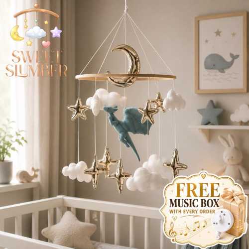 Felt Dragon Baby Mobile | Fantasy Nursery Decor with Moon, Clouds, Stars