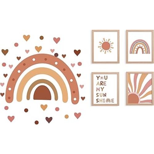 5 Set Boho Nursery Wall Decor Large Rainbow Decals Peel and Stick, Self Adhesive Boho Dot Heart Sticker, Rainbow You are My Sunshine Art Prints with Frame for Girls Bedroom Nursery Room Wall Decor
