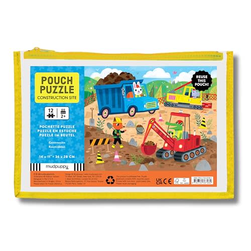 Mudpuppy Construction Site – 12 Piece Puzzle with Reusable Zipper Pouch Featuring Colorful and Fun Illustrations of Vehicles and Animals Workers Perfect for Easy Storage and Travel