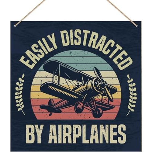 Airplane Decor Easily Distracted by Airplanes Wooden Hanging Sign Aviation Decoration for Airplane Lover Boys Room Man Cave Garage Wall Decor, Airplane Lover Gifts for Pilot Airman, 10.2x10.2 Inches