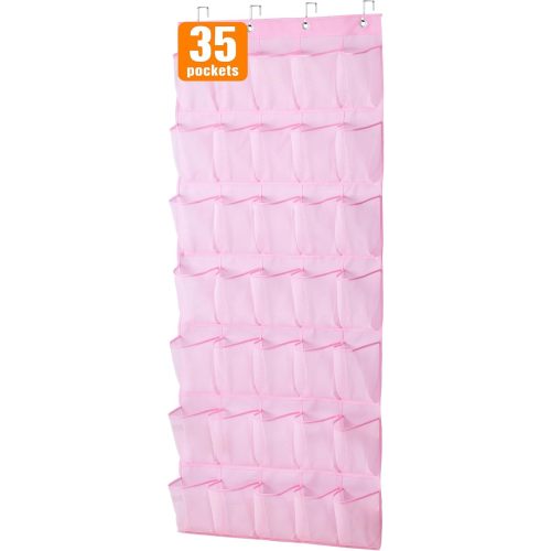 MISSLO 35 Pockets Kids Shoe Organizer for Baby sturdy Oxford Toddler Shoe Rack for Closet Cute Over the Door Shoe Storage Hanging Pink Girl Room Decor