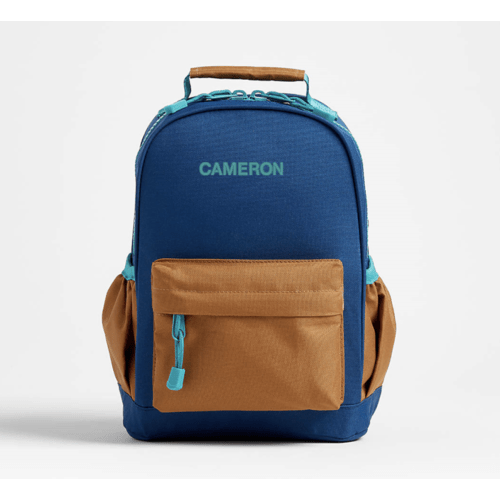 Navy and Ochre Colorblock Small Kids Backpack with Side Pockets