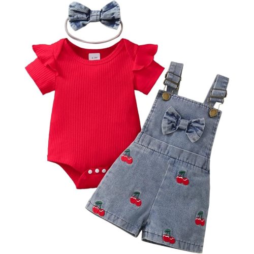 Newborn Baby Girl Clothes Summer Outfit Short Sleeve Ribbed Romper Suspender Overalls Shorts Set