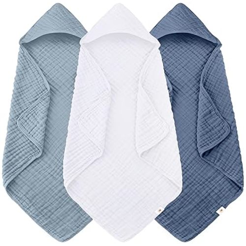 Sunny zzzZZ Muslin Hooded Baby Bath Towels - 3 Pack 100% Cotton Soft Low-Saturation Pastel Towels Including Classic White for Newborns, Infants, Toddlers - 32x32 Inch - Light Navy and White