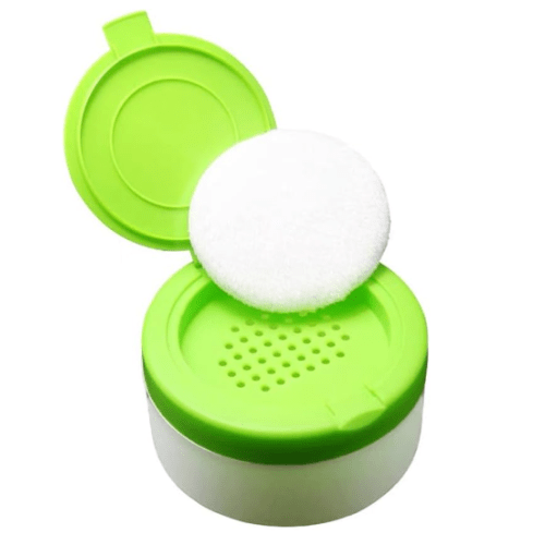 White Plastic Empty Baby Powder Puff Case with Green Sifter Lid Refillable