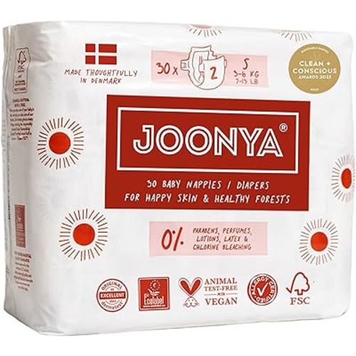 Joonya Baby Diapers, Size 2 S (7-13 lb) - 1 Bag of 30 - New Range - NonToxic, Eco-Friendly, Ultra Slim, Overnight Use - Made in Denmark