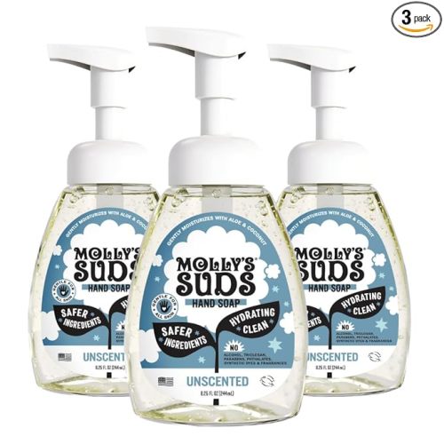 Molly's Suds Foaming Hand Soap - Made with Aloe and Coconut Oil | Moisturizing Hand Wash | Clean Ingredients, Infused with Essential Oils | Unscented - 8.25 Oz (Pack of 3)