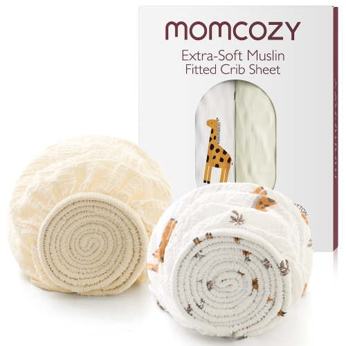 Momcozy Double Gauze Cotton Fitted Sheet, Large, Giraffe Pattern