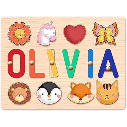 Personalized Wooden Name Puzzle for Toddlers 1-3 - Custom Baby Sensory Toy Easter Basket Stuffers - Early Learning Educational Toys for 1 Year Old Girl - 1st Birthday Gifts for Girl and Boy