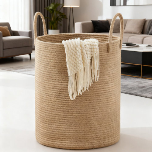 Latitude Run® Jute Rope Laundry Hamper Basket - 58L Tall Natural Woven Storage Bin For Clothes Blankets And Toys | Wayfair