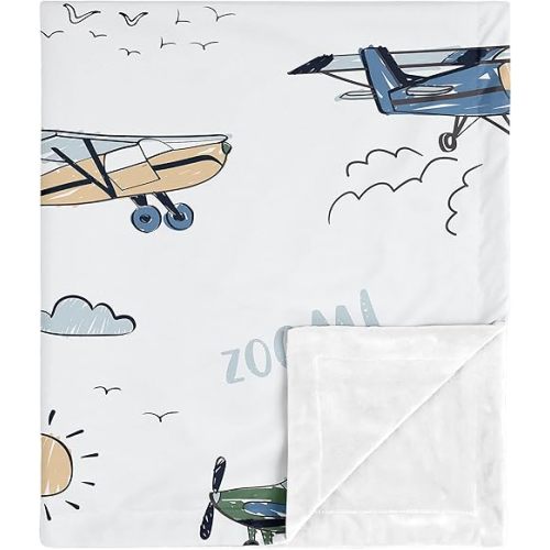 Sweet Jojo Designs Vintage Airplane Boy Soft Baby Blanket Receiving Security Stroller Swaddle Toddler Newborn Infant Kids Travel Warm Minky Grey Green Blue White Yellow Airplanes Plane Transportation