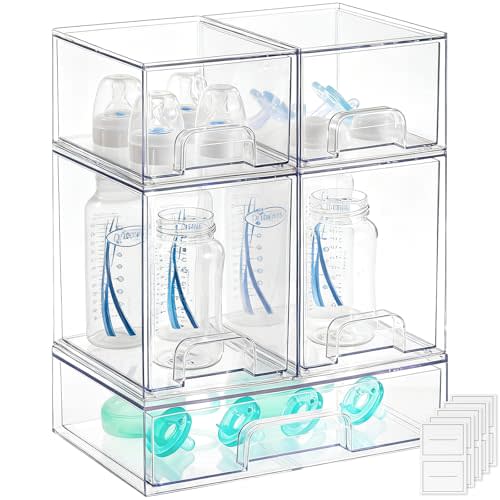 Baby Bottle Organizer - 5 Pack Stackable Clear Drawers with Labels, Baby Storage Solution Container for Countertop, Cabinet, Bathroom, Pantry, Vanity