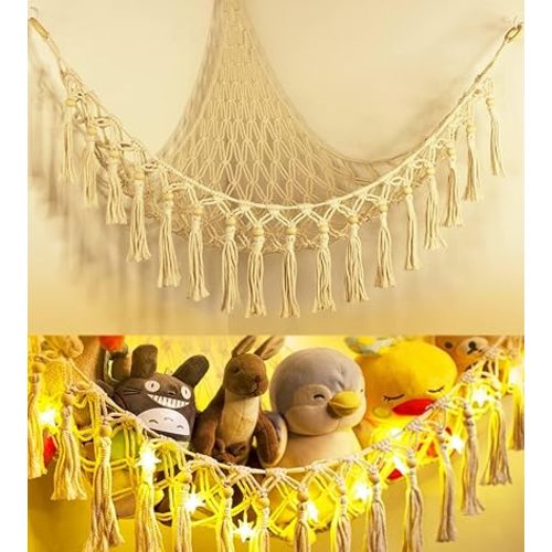 Stuffed Animal Toy Storage Hammock with LED Light - Macrame Jumbo Doll Corner Stuff Animals Organizer Decorations - Cute Hanging Plushie Net Kids Baby Nursery Bedroom Room Decor