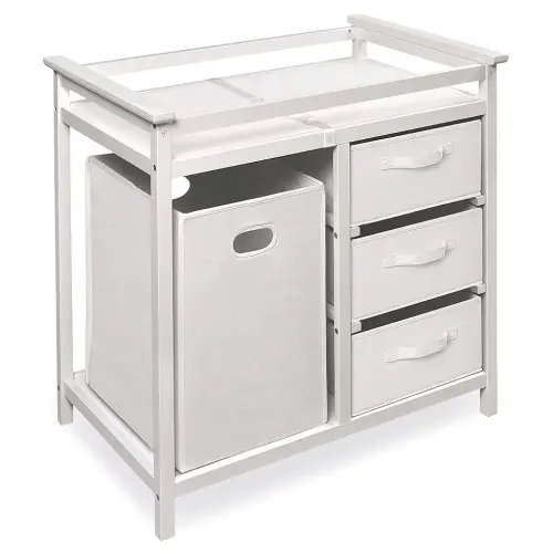 Badger Basket Modern Baby Changing Table - Nursery Furniture with Laundry Hamper and 3 Storage Drawers - Diaper Changing Station with Safety Belt, Changing Pad, and Organizer Baskets - White/White