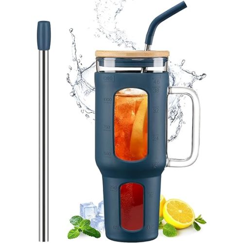 Glass Tumbler with Lid and Straw, 46 oz Iced Coffee Cup with Handle, Large Water Bottles with Silicone Sleeve, Glass Cup with Straws - Pearl Straw & Drinking Straw BPA Free-Blue