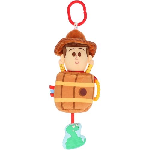 Disney Toy Story Woody in a Barrel Activity Toy with Pull Down Mechanism, Teether, Rattle, Crinkle Snake, and On the Go Clip for Babies