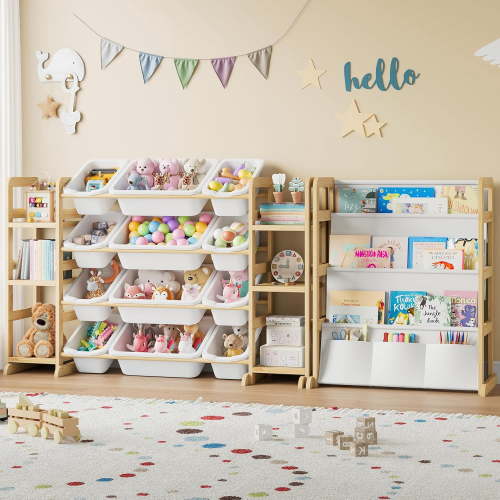 NEORIVER 4-in-1 Toy Storage Organizer for Kids – 12 Bins & 6 Shelves, Bookshelf and Toy Book Storage for Playroom, Bedroom, Nursery