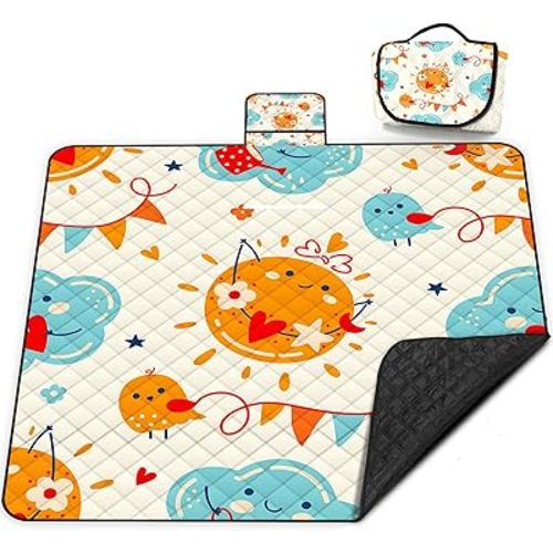 Poedist Extra Large Picnic Blanket Waterproof,80"x 80"Foldable Machine Washable Beach Blanket,Outdoor Blanket for 6-8 Adults,Suitable for Indoor Crawling,Park Beach,Camping,Hiking,Family Travel(Sun)