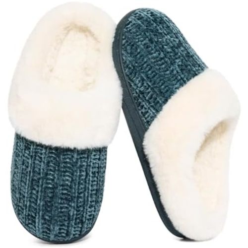 Evshine Warm Knit House Slippers for Women Comfy Wool-Like Lined Chenille Slippers with Memory Foam and Indoor Outdoor Soles