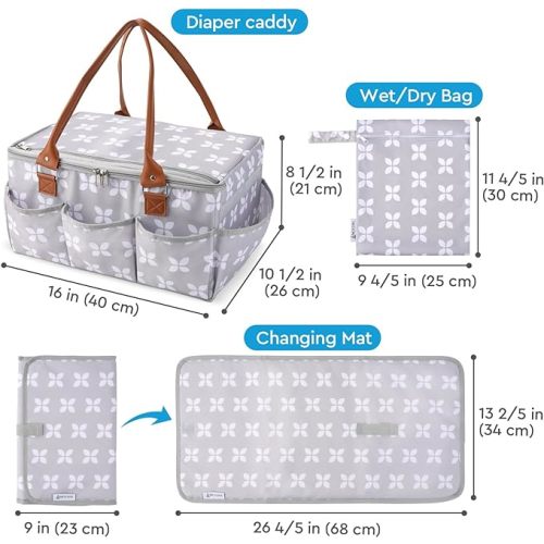 Moteph Diaper Caddy Organizer - Baby Caddy with Lid & Changing Mat, Car Diaper Caddy, Large Nursery Storage Diaper Tote Basket for Changing Table with Zip-Top Cover, Great for Baby Showers - Grey