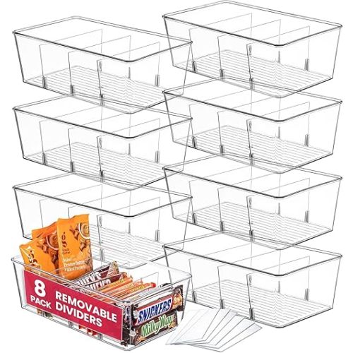 Oizeir Clear Pantry Organizer Bins 8-Pack - Fridge Organizer with 3 Removable Dividers, Ideal for Kitchen, Pantry, Refrigerator, Freezer, and Snack Storage